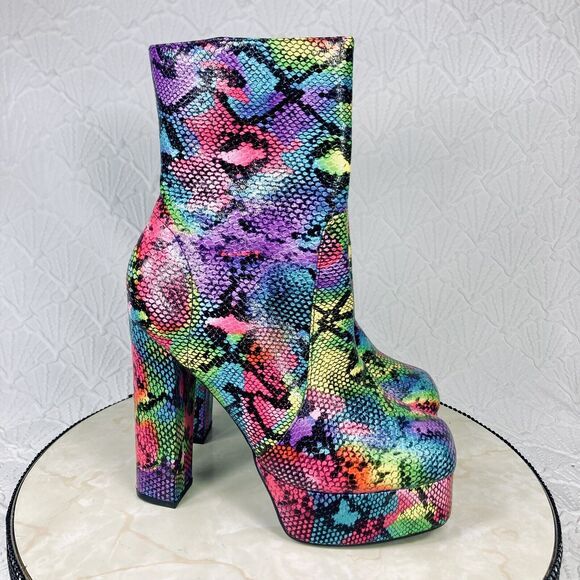 Liliana Platform Boots Womens Size 7 Rainbow Snakeskin Print Disco Zip Up Heels - Picture 1 of 14